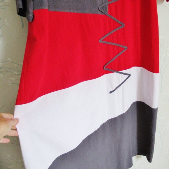Red Grey White Dress Lagenlook Tunic Style Top Stitched Zig Zag Detail 18 / 20 - Picture 3 of 5